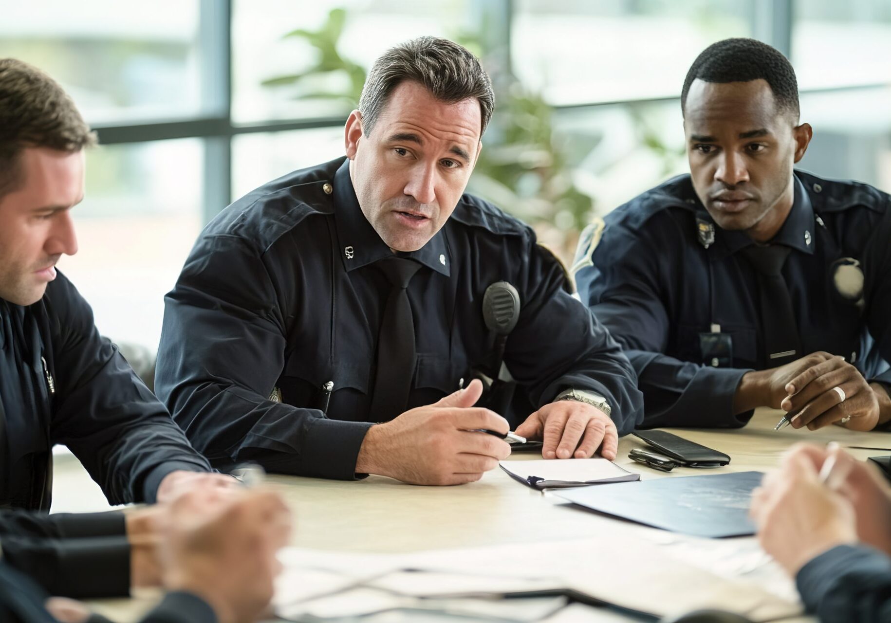 Police officers in meeting discussing strategy, focus on leader