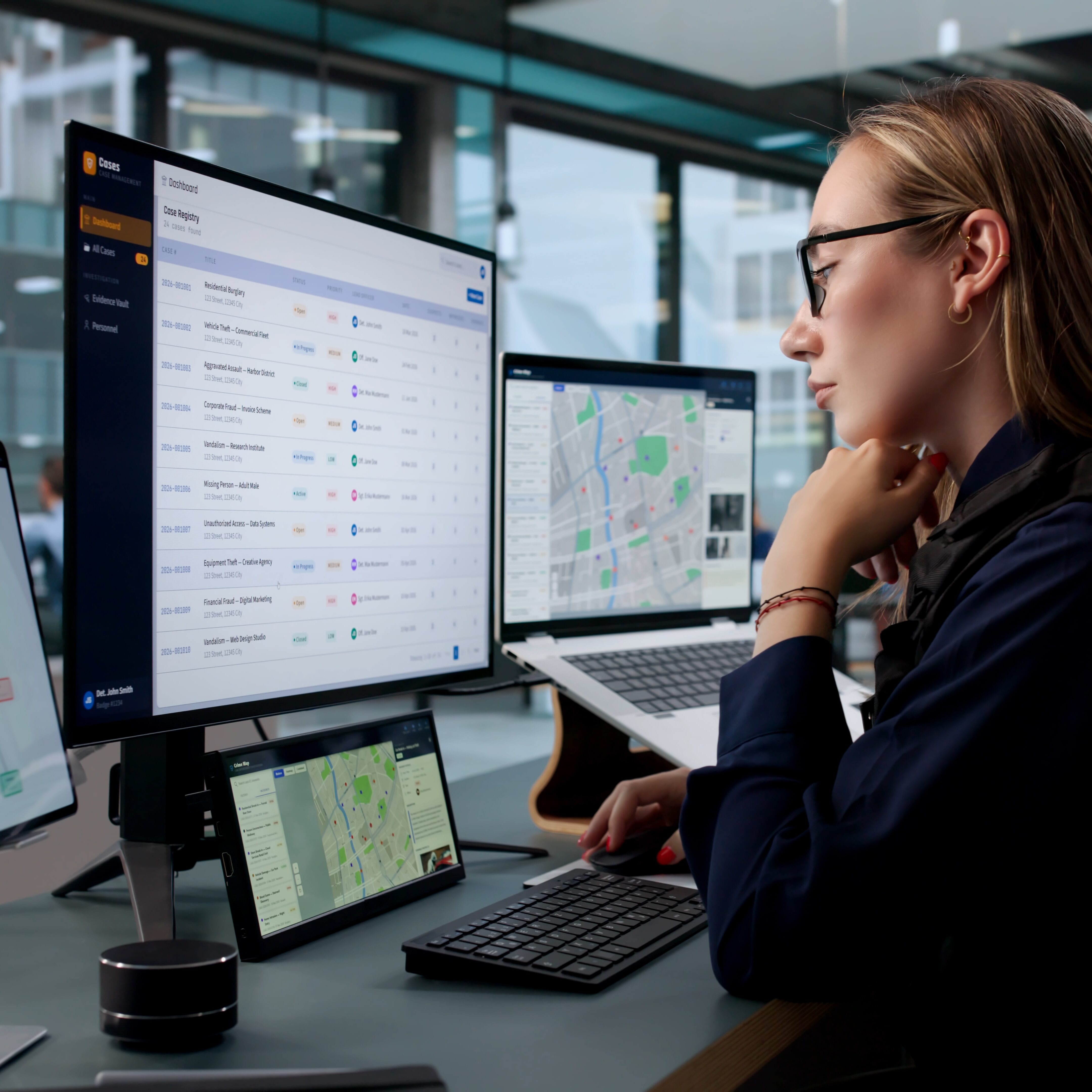 Woman,Police,Officer,Using,Desktop,Computer,To,Manage,Criminal,Case