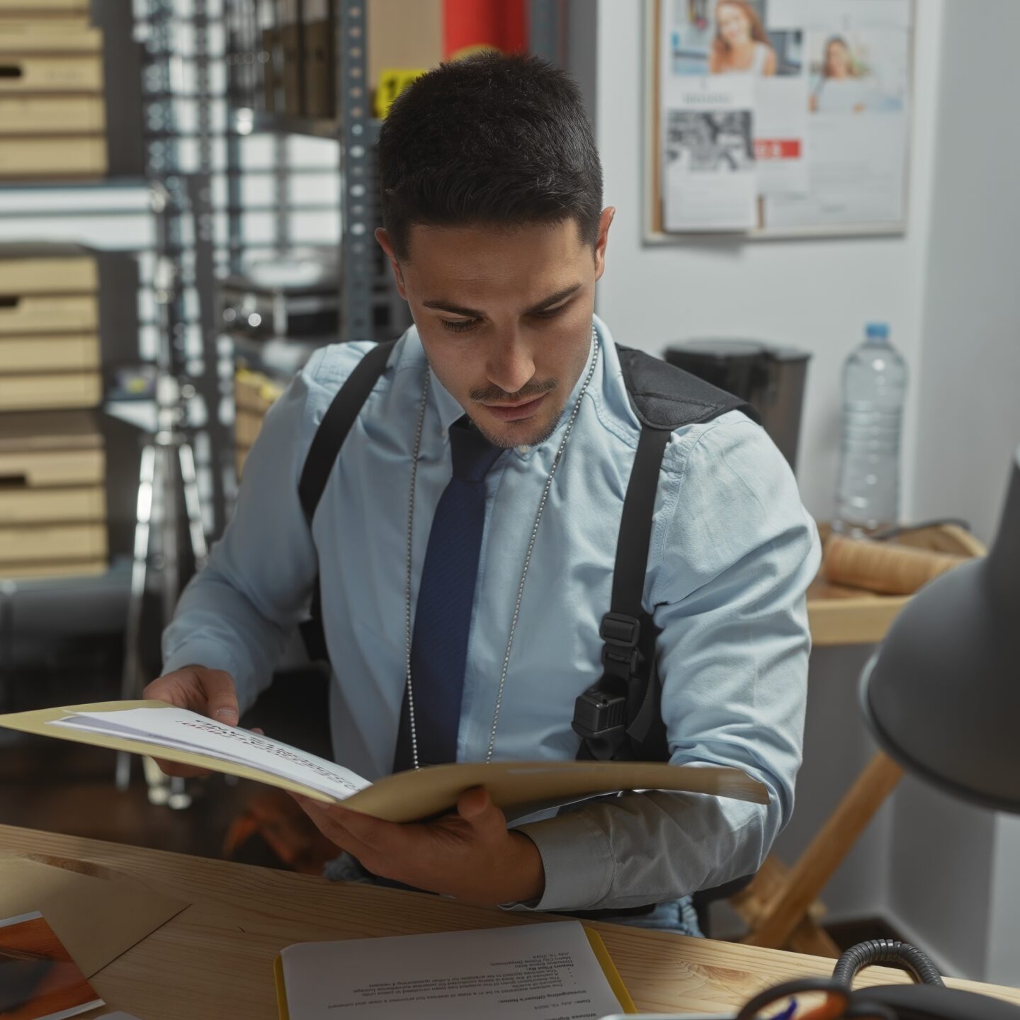 Hispanic,Detective,Man,Reading,File,In,Office,With,Map,And