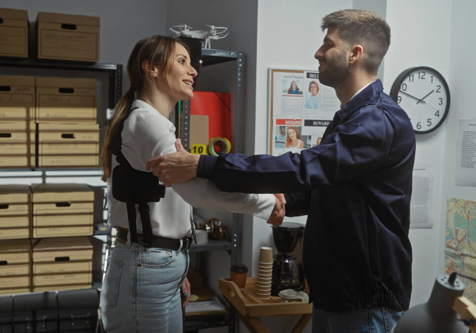 Law enforcement professional and colleague shaking hands in an office with file boxes and case evidence on the wall.