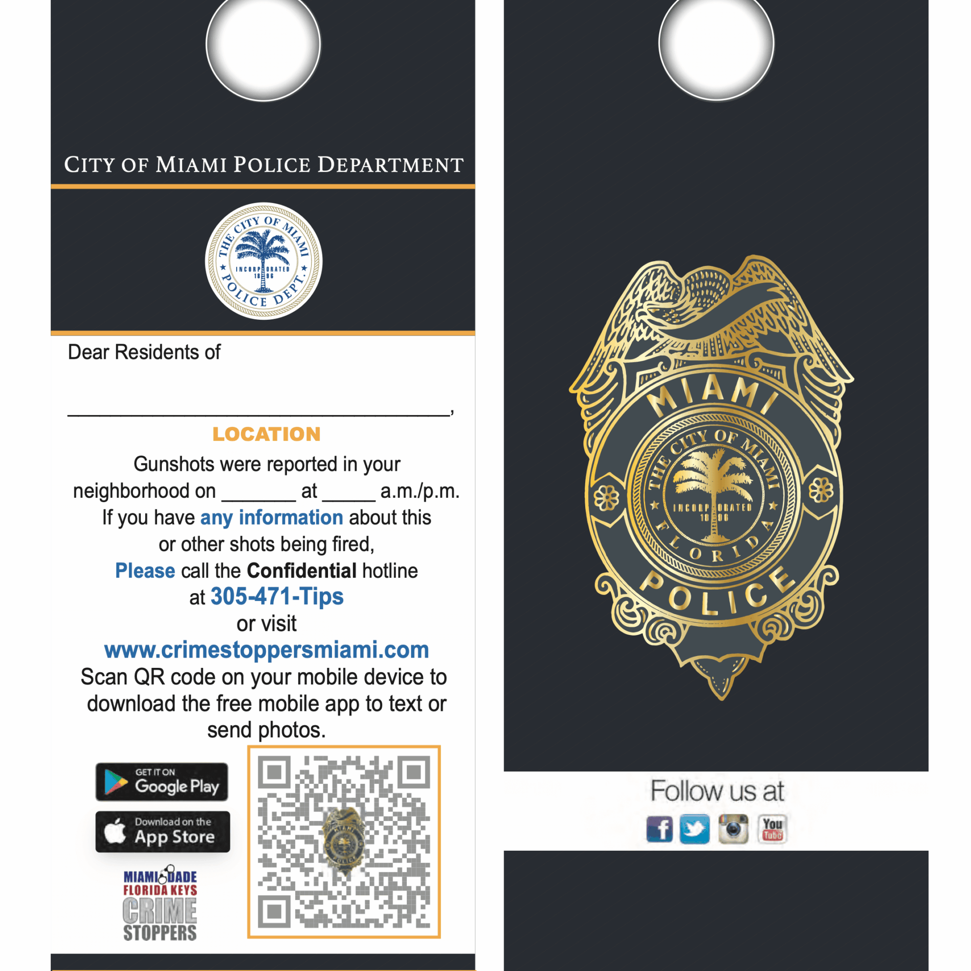 Double-sided Miami Police Department door hanger. One side notifies residents of reported gunshots with hotline and QR code for Crime Stoppers. Reverse side features the Miami Police badge and social media icons.