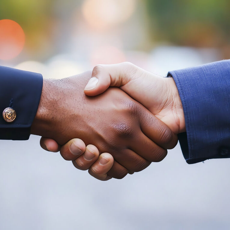Close-up of a handshake between two men outdoors, one wearing a police uniform with a badge on his sleeve and the other in a blue business suit.